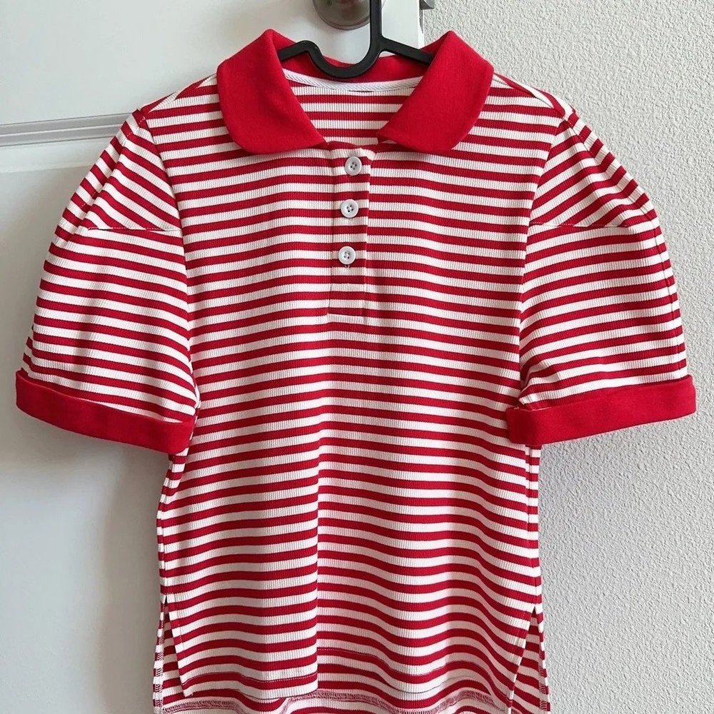 Red And White Striped Tee Lapel Collar Front Button Polo Shirt Side Vents Hem